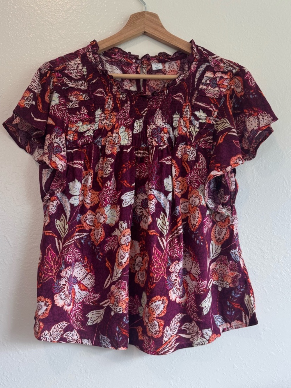 Old Navy Burgundy Floral Short-Sleeve Peasant Blouse
